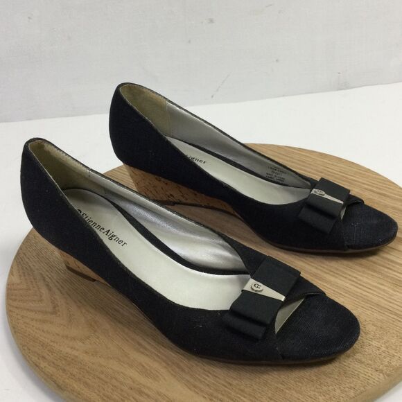 Etienne Aigner Women's Digit Canvas Wedge/Cork Bow Sandal Slip On Black Size 8M - Picture 1 of 13